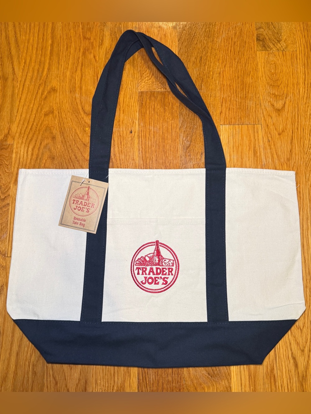 NWT Trader Joe's Canvas Tote Bag in White and Navy with Red Logo